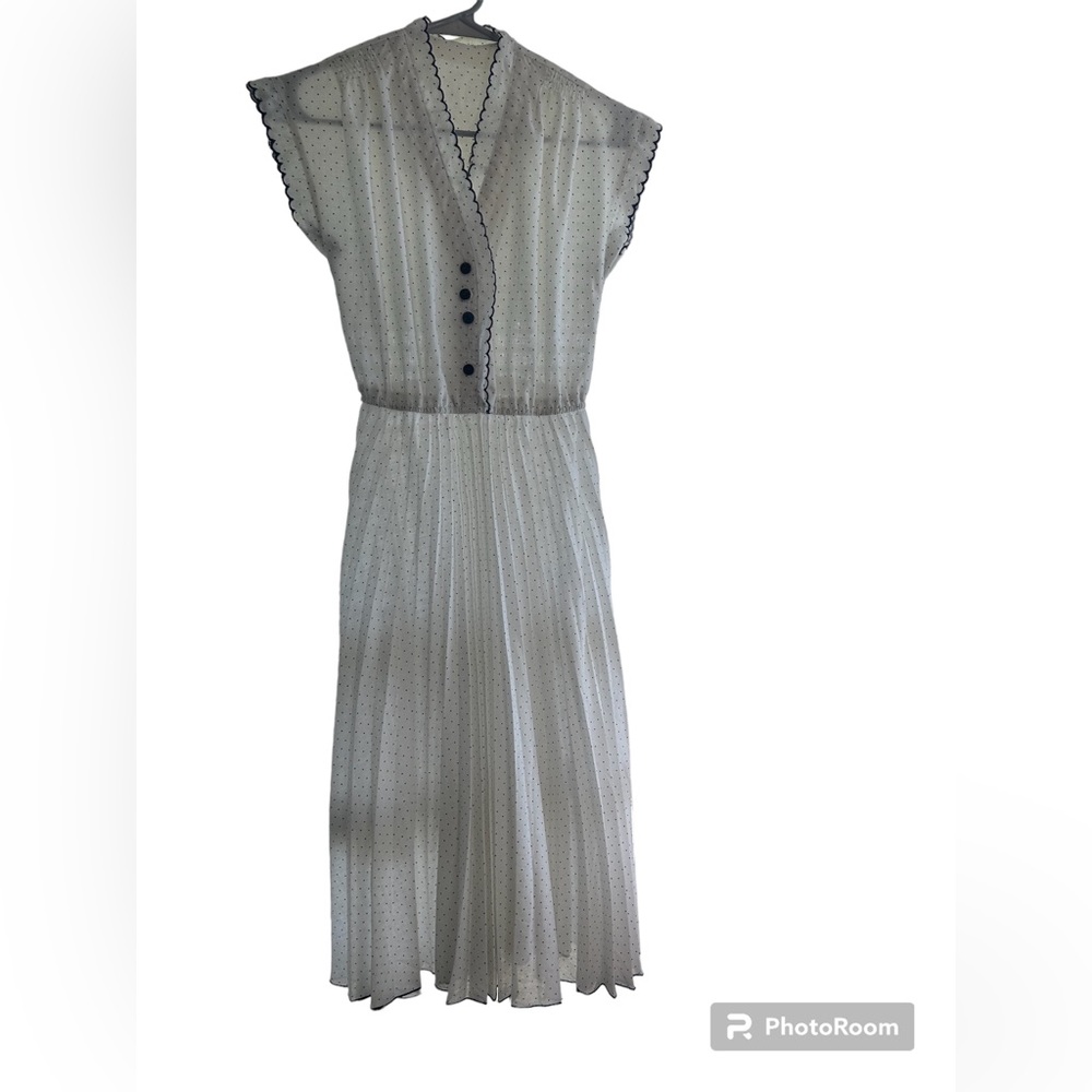 1970s Vintage Handmade Fit and Flare Blue and White Polka Dotted Dress